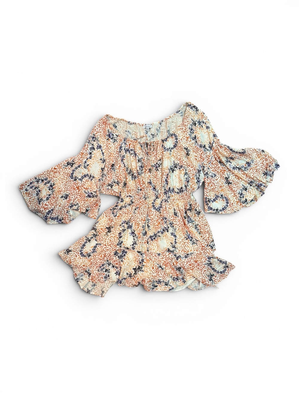 Hike Bird Floral Bell Sleeve Romper, Size XL